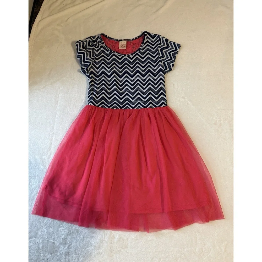 Faded Glory Girls Tutu Dress 10-12 Pink Navy Chevron Lace Cap Sleeve Knee Length